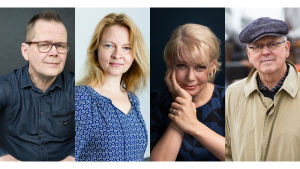 Kirjailijat Kari Hotakainen, Anna Kortelainen, Elina Hirvonen ja Antti Tuuri