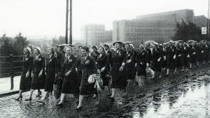 Helsingin Suurkisojen kulkue matkalla stadionille 1956. Meri äärimmäisenä vasemmalla. Paraati Helsingin Suurkisoissa 1956.