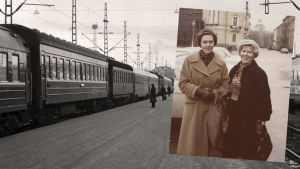 Kirsti von Boehm ja Meri Louhos Leningradissa 1960-luvun loppupuolella. Taustalla Leningradin juna Helsingin rautatieasemalla 1975.