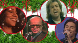Kuvituskuva joululaulun laulajista, taustalla kuusenoksia, etualalla joulupalloja, joissa artistien kuvia.