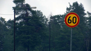 Hastighetsbegränsningarna är många på riksväg 25. Trafikmärke i Horsbäck i Ekenäs.