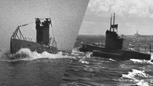 Mustavalkoinen kuva sukellusveneistä