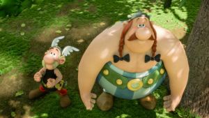 Asterix ja Obelix katsovat ylöspäin.  Kuvattu ylhäältä.