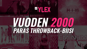 Kuvassa vuoden 2000 suosituimpia albumeita ja teksti "Vuoden 2000 paras Throwback biisi"