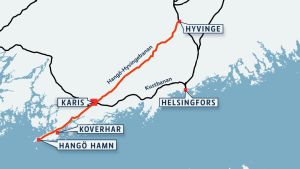 Genom elektrifieringen vill regeringen motverka tågtrafikens utsläpp och förbättra konkurrenskraften inom godstrafiken. En karta över Hangö-Hyvingebanan.