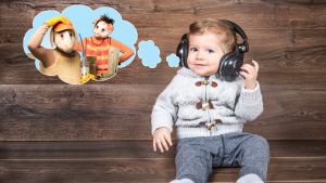 Bärtils äng i fara lämpar sig bäst för barn mellan 4 och 8 år, men också de yngre njuter av ljuden och musiken! Liten pojke framför trävägg med hörlurar och tankebubbla med Bärtil och Isa Gris.