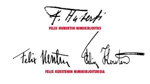 Felix Kerstenin allekirjoitus oli erilainen 40-luvulla (alhaalla vasemmalla) kuin 20-luvun alussa. Felix Kerstenin ja Felix Hubertin allekirjoituksia.