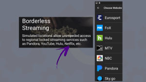 Vpn-palvelut hehkuttavat rajatonta pääsyä suoratoistopalveluihin. CyberGhost-sovellus lupailee Netflixiä, mutta heidän aakkoslistaltaan sitä ei löydy. Kuva vuodelta 2017. Kuvakaappaukset vpn-sovellus Cyberghostista: Lupaa rajatonta Netflixiä, mutta kanavlistalta Netflixiä ei löydy.