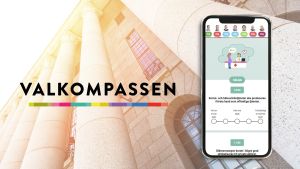 Svenska Yles valkompass på en mobilskärm med riksdagshuset i bakgrunden.