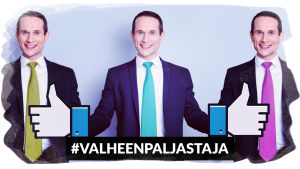 Sama mies erivärisissä kravateissa, keskimmäisen kädet on korvattu Facebook-peukaloilla.