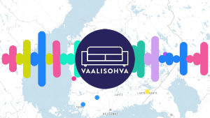Suomen kartan päällä Vaalisohva-tunnus ja värikäs ääninauhaa mukaileva graafinen elementti
