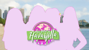 Au pairit Havaijilla -hahmot silhuettina. Taustalla Havaiji-maisema.