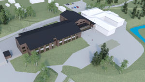 En eventuell gymnastiksal skulle byggas mellan byggnaderna. En ritning av en ny byggnad med mörkt tak och brun fasad. Byggnaden har ritats in bredvid en redan befintlig annan byggnad.