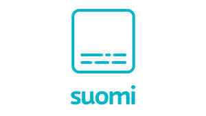 Tämä symboli kertoo, että ohjelma on käännetty suomeksi. Turkoosin pyöreäreunaisen neliön sisällä kaksi riviä tekstiä kuvastavia eripituisia katkoviivoja. Neliön alla teksti, jossa lukee suomi.