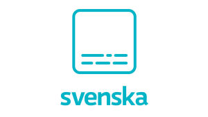 Symbolen berättar att programmet är översatt till svenska. Symbolen består av en turkos fyrkant med rundade hörn. Inne i fyrkantens nedre del två rader med vågräta streck av varierande längd. Under fyrkanten texten Svenska skrivet i turkost.