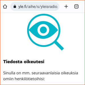 Kuvakaappaus Ylen nettisivuilta: Yle kertoo tietosuojansa periaatteista.