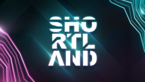 Shortland-kilpailun valkoinen, hieman hohtava logo tummanvihreällä taustalla.