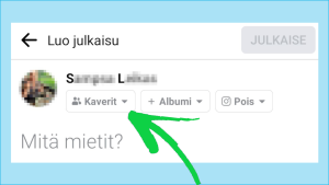 Kun teet Facebookissa uuden julkaisun, oletuksena on viimeksi tekemäsi yleisönvalinta. Kuvakaappaus Facebookista: Ns. Yleisönvalitsin muistaa, minkä asetuksen viimeksi valitsit.