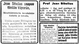 Lehtileikkeitä, joissa kerrotaan Sibeliuksen saapumisesta Viipuriin 25. huhtikuuta 1923.