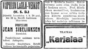 Ilmoituksia ja uutisia Karjala-lehdessä. Lehti-ilmoitus, jossa kerrotaan Sibeliuksen kunniaksi järjestettävästä illanvietosta Hotelli Andréassa Viipurissa. Huhtikuu 1923.