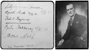 Felix Krohnin vieraskirja todistaa arvovaltaisista vieraista Krohnien kotona Saarelassa 29. marraskuuta 1923. Nimikirjoituksia Felix Krohnin vieraskirjasta 29. marraskuuta 1923. Toisessa kuvassa karikatyyri Boris Sirposta johtamassa orkesteria.