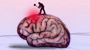 Kuvassa aivot, jota pieni mies moukaroi - kertoo stressin vaikutuksesta aivoihin.
