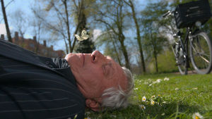 Peter Greenaway makaa ruoholla, perhonen kasvojen yllä. Kuva dokumenttielokuvasta The Greenaway Alphabet.