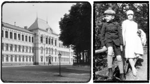 Kalevi Tilli kävi koulua Viipurin Suomalaisessa kaksoislyseossa. Kuvassa seitsenvuotias koululainen serkkunsa kanssa Papulan puistossa 1925. Kuva 1: Viipurin Suomalainen lyseo. Kuva 2: Kalevi Tilli serkkunsa kanssa Papulan puistossa 1925.