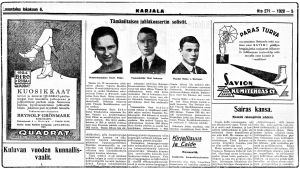 Karjala esitteli Musiikkiopiston 10-vuotisjuhlakonsertin solistit 6. lokakuuta 1928. Viulisti Onni Suhosen ja pianisti Mikko von Deringerin nimet ovat menneet väärinpäin eli Suhonen oikella. Kollaasi lehtileikkeistä ja valokuvista.