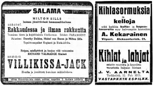 Sanomalehti-ilmoituksia: elokuvia, kihloja.