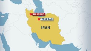 Karta över Iran med Teheran och Hastrud utplacerat.