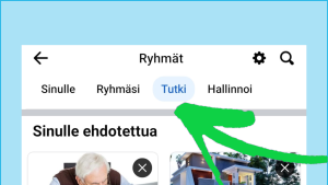 Kohta Sinulle ehdotettua sisältää Facebookin omia ehdotuksia. Kuvakaappaus Facebookista: Lista Facebookin käyttäjälle ehdottamista ryhmistä.