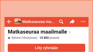 Liittymistä pyydetään ryhmän Facebook-sivulla. Kuvakaappaus Facebookista: Retkipaikka-ryhmän etusivu ja Liity ryhmään -painike.u ja liity ryhmään -painike