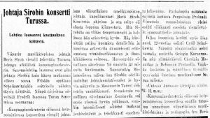 Karjala-lehden juttu 14. huhtikuuta 1929 Boris Sirpon johtamasta konsertista Turussa. Tuolloin Sirpo tunnettiin vielä nimellä Sirob. Alkuperäiseltä nimeltään hän oli Wolfson. Karjala-lehden juttu 14. huhtikuuta 1929 Boris Sirpon johtamasta konsertista Turussa.
