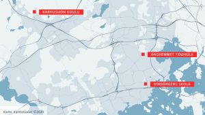 Enligt planerna ska skolbarnen flyttas till Karhusuon koulu och daghemsbarnen till daghemmet Touhula. En karta över Esbo med Vindängens skola, Karhusuon koulu och daghemmet Touhula utmärkta.