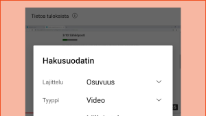 Tietokoneella Youtuben suodatin löytyy hakutulosten yläpuolelta. Puhelimessa näet vain suodattimen kuvakkeen (alempana). YouTuben Suodata-kuvake tietokoneella ja puhelimen sovelluksella.