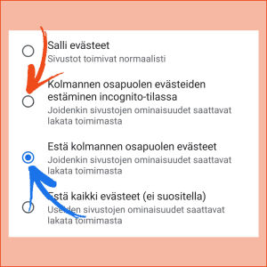 Chrome-selaimessa kaikki evästeet ovat oletuksena päällä. Jos haluat kieltää 3. osapuolen evästeet, ruksi täppä Sivustoasetusten alta. Kuvakaappaus puhelimen Chrome-selaimesta: Valittuna Estä kolmannen osapuolen evästeet.