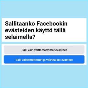 Kun käytät Facebookia selaimella, näet evästeistä kertovan tiedon, mutta se katoaa ilman ruksimista tai hyväksymistä. Kuvakaappaus Facebookista puhelimen selaimella: Evästeistä kertova ikkuna, joka katoaa itsestään, kun sivun käyttöä jatkaa.