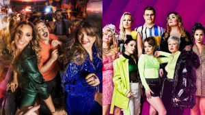 Till vänster årets programledare i Melodifestivalen, Lina Hedlund, David Sundin och Linnéa Henriksson. Till höger artisterna i UMK20, fr.v. Erika Vikman, Sansa, Aksel Kankaanranta, Catharina Zühlke, Tika, och F3M på nedre raden. Bildkollage bestående av bild på programledarna i Melodifestivalen och artisterna i årets UMK