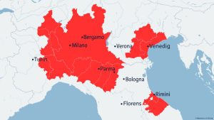 Alla de områden som berörs av karantänsbestämmelserna ligger i Italiens norra del. Karta över områdena med karantänåtgärder i norra Italien.