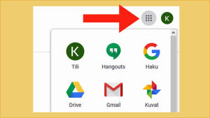 Kuvakaappaus Gmailista: tietokoneella ja tabletilla ylänurkassa on 9 pisteen ikoni, josta aukeavat kaikki Googlen sovellukset / ohjelmat.
