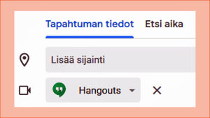 Kuvakaappaus Google-kalenterista: Tapahtuman tiedoissa näkyy Hangouts-vaihtoehto osallistumiseen.