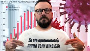 Riku Rantala päällään t-paita, jossa teksti: "En ole epidemologi, mutta voin vilkaista"