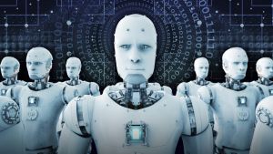 Det är ännu långt till den självtänkande roboten. Robottien armeija katsoo kohti kameraa.