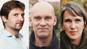 Svenska Yles medarbetare i Europa chattade med publiken, från vänster Gustaf Antell i Tallinn, i mitten Johnny Sjöblom i Tyskland, och till höger Christin Sandberg i Italien. Även infektionsläkare Peter Klemets vid Borgå sjukhus medverkade. Tre porträtt på rad, från vänster två män, till höger en kvinna.
