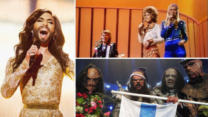 Kuvassa euroviisuvoittajat Conchita Wurst, ABBA ja Lordi