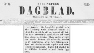 Helsingfors Dagblad 23.2.1865, jossa kerrotaan lupaavan pianistin Alie Lindbergin konsertista.