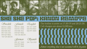 Ring dessa nummer kl. 17.30-19 och kl.20.00-21.30 så får du tala med medlemmar ur Kanon Remote-verkets team! Ett samtal kostar ca 0,23 e/min. Telefonnummer för föreställningen Kanon Remote som ingår i Hangö Teaterträff 2020