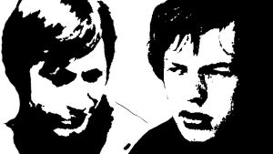 Mustavalkoinen piirros, jossa Charlie Watts ja Mick Jagger.