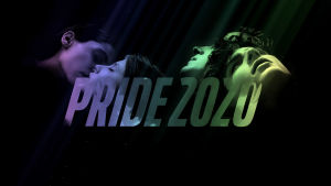 Pride 2020 -kampanjanmarkkinointikuva. Mustalla taustalla näkyy Thelma- ja Call Me by Your Name -elokuvien päähahmojen kasvot, keskellä teksti Pride 2020.